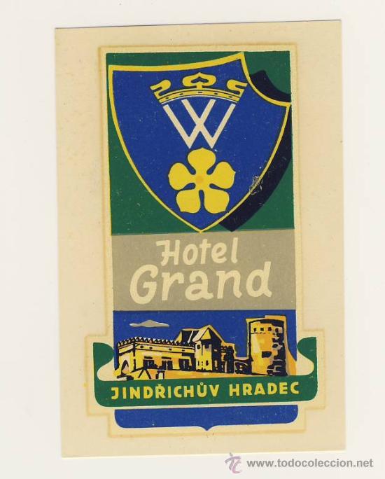 Etiquetas antiguas: Etiqueta Hotel   -  HOTEL  GRAND - JIMDRICH&Uacute;V HRADEC-CESKE- CHESCOLOVAQUIA-ILUSTRACION