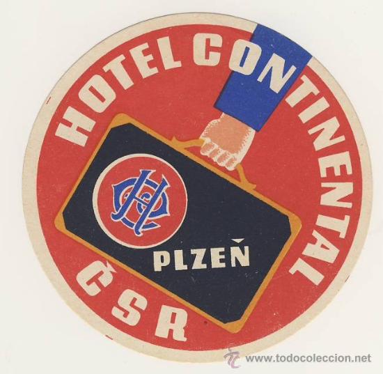 Etiquetas antiguas: Etiqueta Hotel   -  HOTEL  CONTINENTAL-   PLZEN- CSSR-CHESCOLOVAQUIA-ILUSTRACION