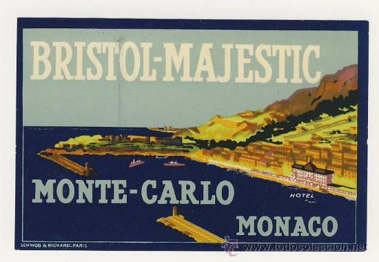 Etiquetas antiguas: Etiqueta Hotel   -  HOTEL  BRISTOL-MAJESTIC-   MONTE-CARLO-MONACO-ILUSTRACION FIRMADA
