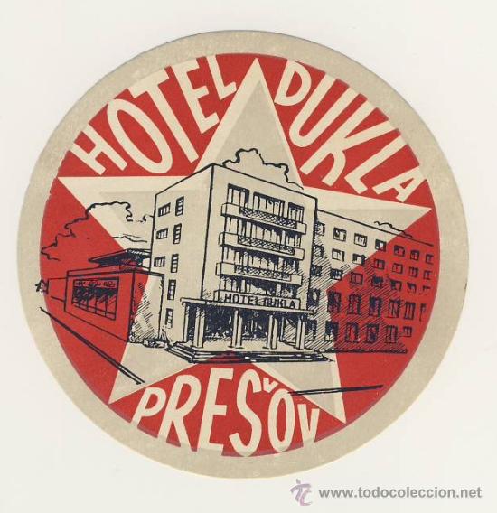 Etiquetas antiguas: Etiqueta Hotel   -  HOTEL  DUKLA-PRESOV -  YUGOSLAVIA -  ILUSTRACION- MEDIDAS DIAMETRO  95   mm