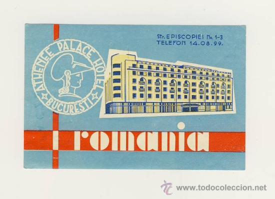 Etiquetas antiguas: Etiqueta Hotel   -  HOTEL   ATHENEE -  BUCAREST- - RUMANIA -  ILUSTRACION -MEDIDAS  90 X 60  mm