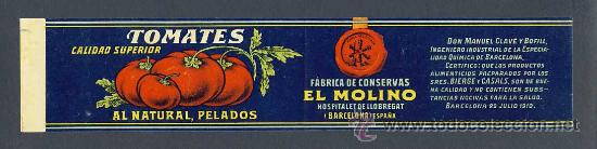 Etiquetas antiguas: Etiqueta de Tomates al natural pelados EL MOLINO, fabrica en L' Hospitalet de Llobregat