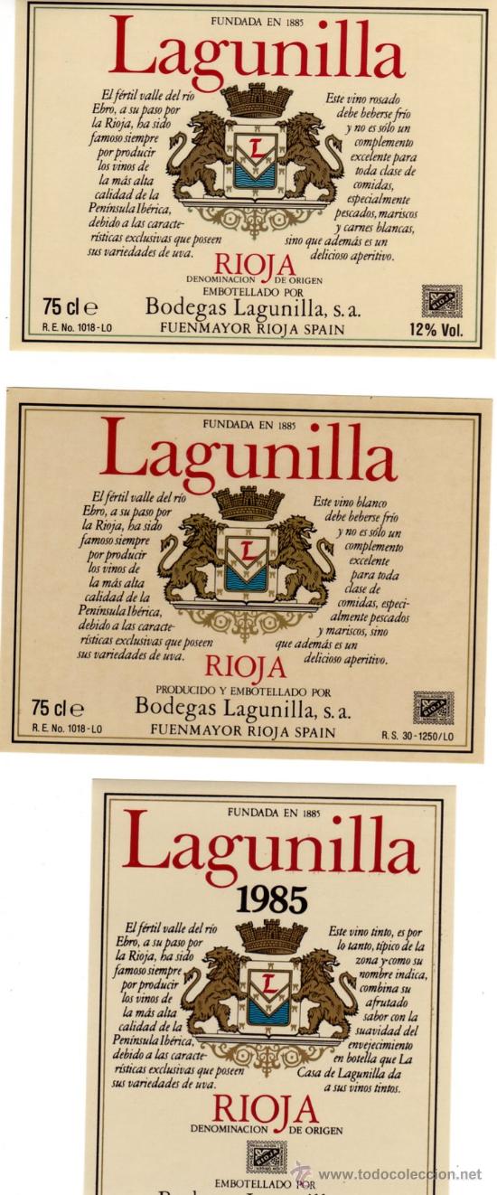 Etiquetas antiguas: 3 ETIQUETAS DE VINO DE LA RIOJA (LAGUNILLA) BLANCO,TINTOY ROSADO