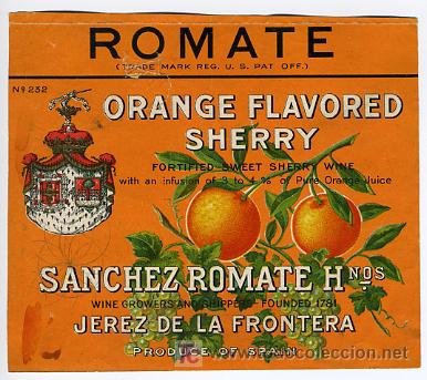 Etiquetas antiguas: ETIQUETA ROMATE , NARANJAS, ORANGE  SHERRY , JEREZ  ,  E530