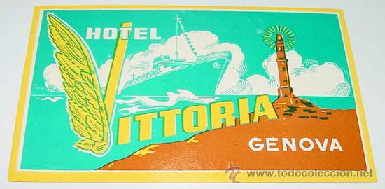 Etiquetas antiguas: ANTIGUA ETIQUETA PARA MALETA - CON PUBLICIDAD DE HOTEL VITORIA - GENOVA - TAMA&Ntilde;O LIGERAMENTE INFERIO