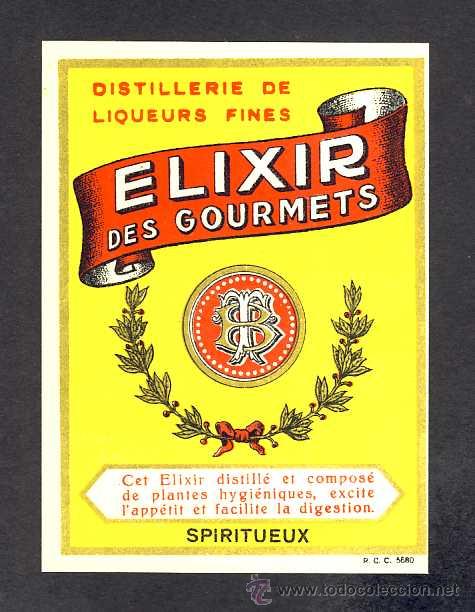 Etiquetas antiguas: Etiqueta de licor: ELIXIR DES GOURMETS