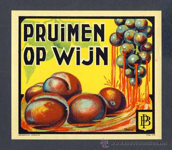 Etiquetas antiguas: Etiqueta de conservas de fruta: PRUIMEN OP WIJN