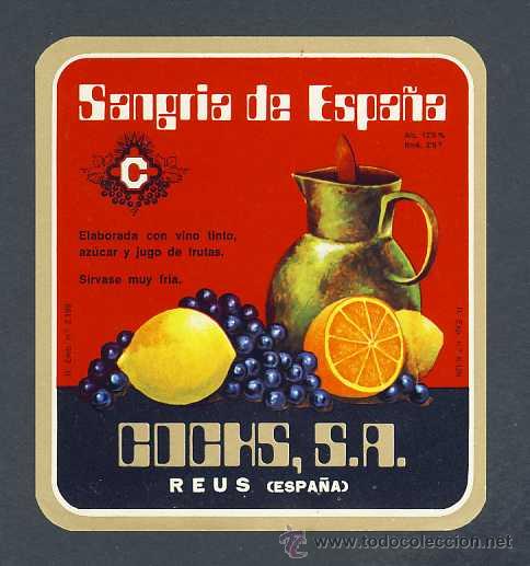 Etichette antiche: Etiqueta de licor: Sangria de Espa&ntilde;a, Cochs, de Reus