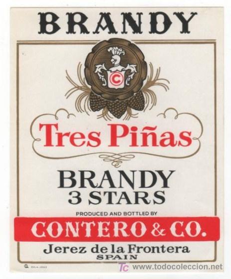 Old Labels: BRANDY. BRANDY TRES PI&Ntilde;AS. BRANDY 3 STARS. PRODUCIDO POR CONTERO & CO. JEREZ DE LA FRA. ESPA&Ntilde;A.