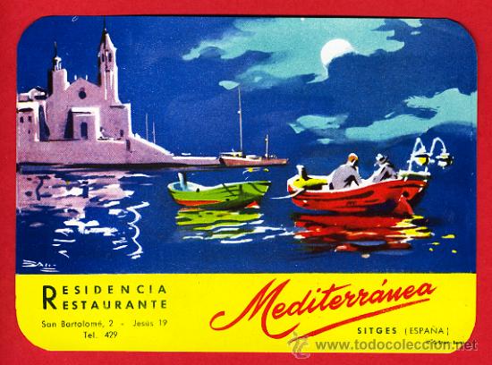 Etiquetas antiguas: ETIQUETA HOTEL-RESIDENCIA RESTAURANTE MRDITERRANEA - SITGES-DATADA-TARRAGONA- I 90X125mm