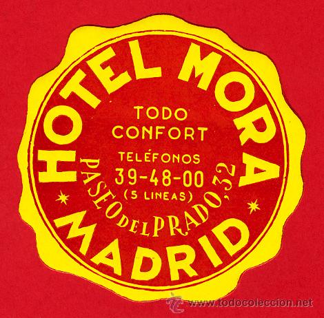 Etiquetas antiguas: ETIQUETA HOTEL-ESPA&Ntilde;A-HOTEL MORA - MADRID - DIAMETRO-80mm-DATADA-