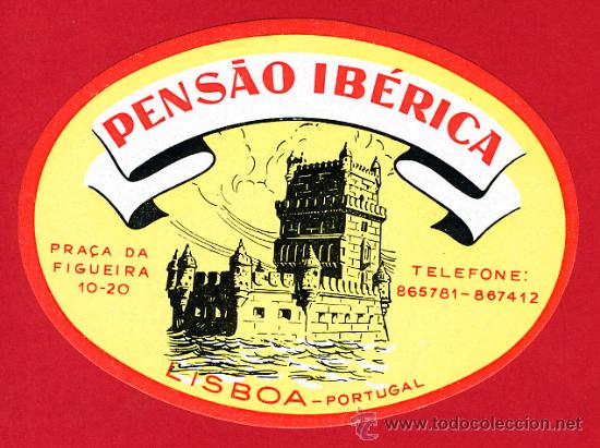 Etiquetas antiguas: ETIQUETA  HOTEL - PENSAO IBERICA-OVAL 125 mm --LISBOA-DATADA -PORTUGAL