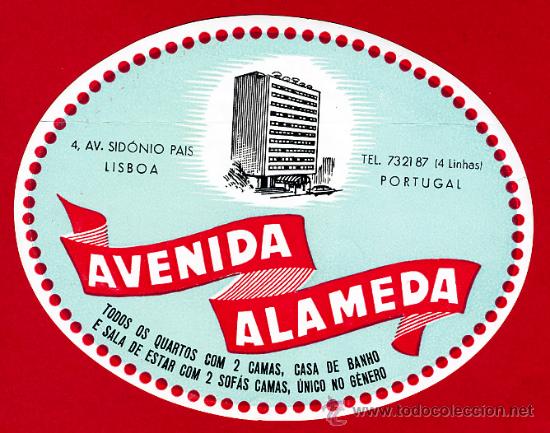 Etiquetas antiguas: ETIQUETA  HOTEL - HOTEL AVENIDA ALAMEDA-OVAL 135 mm --LISBOA-DATADA -PORTUGAL