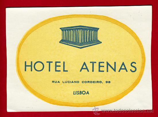 Etiquetas antiguas: Etiqueta Hotel   - HOTEL ATENAS- LISBOA -PORTUGAL- -MEDIDAS   75X105 mm -DATADA