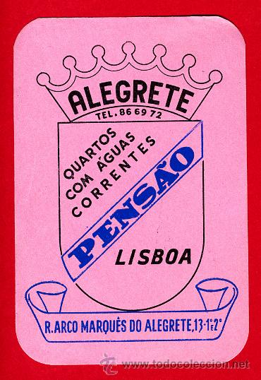 Etiquetas antiguas: Etiqueta Hotel   - PENSAO ALEGRETE- LISBOA -PORTUGAL- -MEDIDAS   70 X 105 mm -DATADA