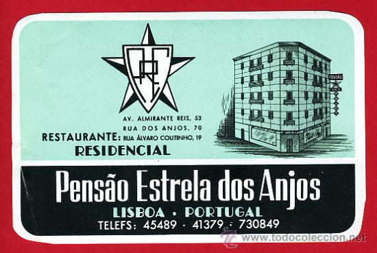 Etiquetas antiguas: ETIQUETA  HOTEL -PORTUGAL- PENSAO ESTRELA DOS ANJOS -120X 80  mm -DATADA-LISBOA-A&Ntilde;OS 40