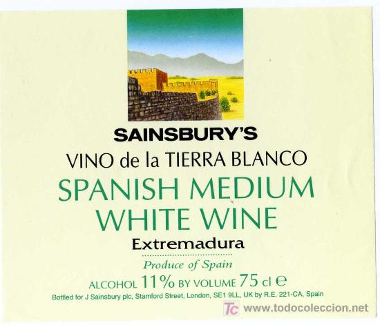 Etichette antiche: ETIQUETA VINO - SAINSBURY&acute;S - EXTREMADURA