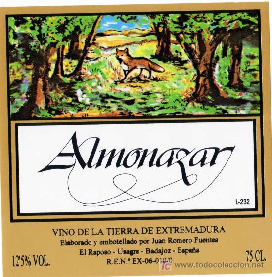 Alte Etiketten: ETIQUETA VINO ALMONAZAR (ZORRO EN BOSQUE) - JUAN ROMERO FUENTES - USAGRE (BADAJOZ)
