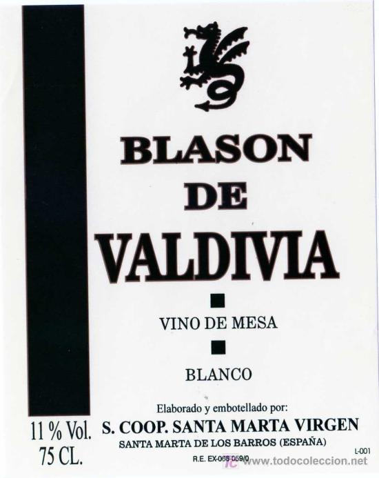 Etichette antiche: ETIQUETA VINO BLASON DE VALDIVIA - SANTA MARTA DE LOS BARROS (BADAJOZ)