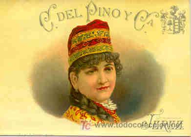 Alte Etiketten: BONITA ETIQUETA C. DEL PINO Y C&ordf;. (MUJER CON GORRO) - JEREZ (CADIZ)
