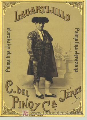 Old Labels: ETIQUETA PALMA FINA JEREZANA LAGARTIJILLO (TORERO) - C. DEL PINO Y C&ordf;. - JEREZ (CADIZ)