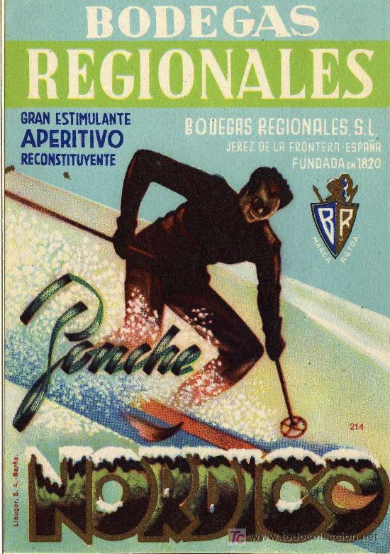 Alte Etiketten: ETIQUETA PONCHE NORDICO (ESQUIADOR) - BODEGAS REGIONALES - JEREZ (CADIZ)