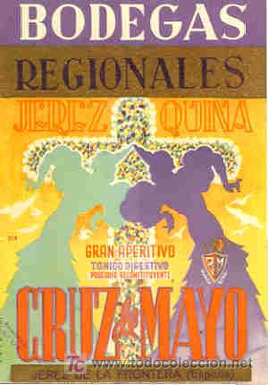 Etiquetas antiguas: ETIQUETA JEREZ QUINA CRUZ DE MAYO (GITANAS BAILANDO) - BODEGAS REGIONALES - JEREZ (CADIZ)