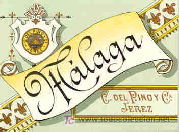 Alte Etiketten: ETIQUETA MALAGA - CAYETANO DEL PINO Y C&ordf;. - JEREZ (CADIZ)
