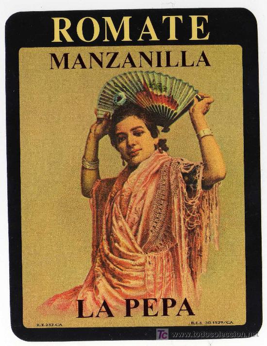 Alte Etiketten: ETIQUETA MANZANILLA LA PEPA (MUJER CON ABANICO) - ROMATE - JEREZ (CADIZ)