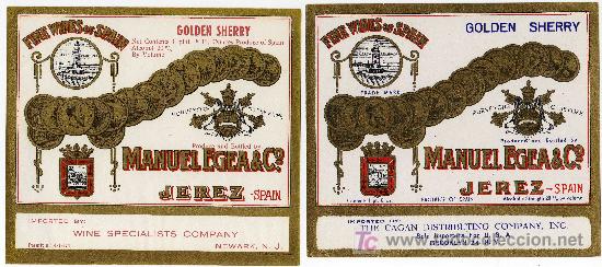 Alte Etiketten: ETIQUETA GOLDEN SHERRY (FARO, MEDALLAS, ESCUDO) - MANUEL EGEA - JEREZ (CADIZ) -