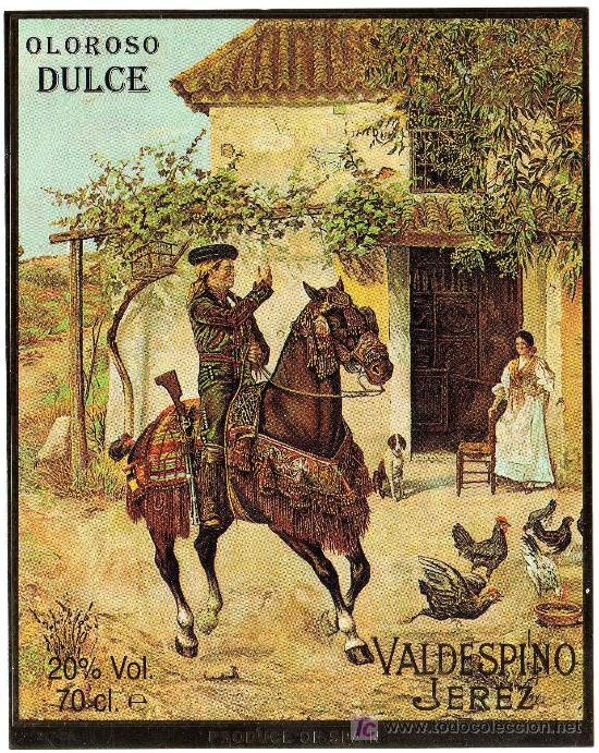 Alte Etiketten: ETIQUETA OLOROSO DULCE VALDESPINO ( BANDOLERO A CABALLO Y MUJER ) - JEREZ (CADIZ)