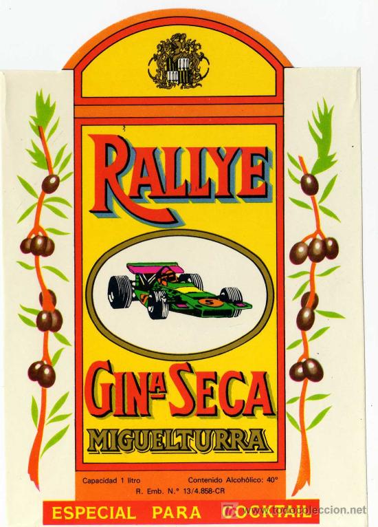 Etiquetas antiguas: ETIQUETA GINEBRA RALLYE (COCHE FORMULA) - MIGUELTURRA (CIUDAD REAL)