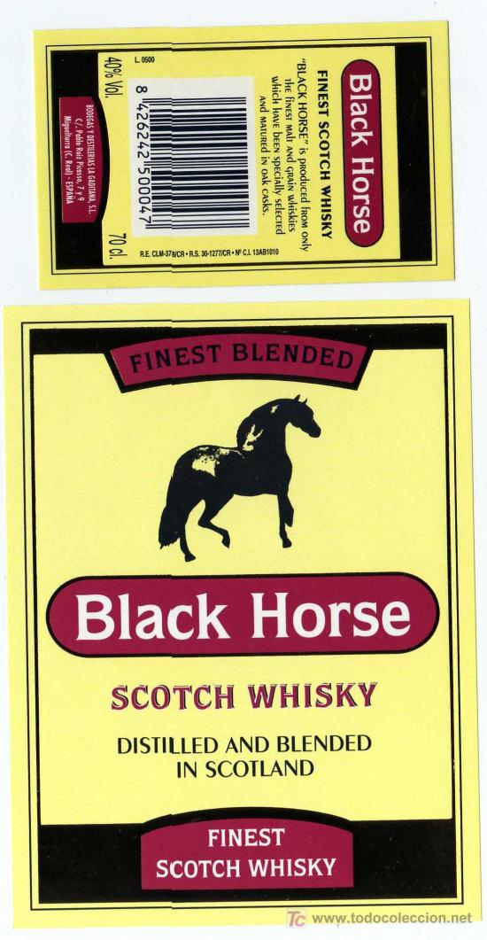 Alte Etiketten: ETIQUETA WHISKY BLACK HORSE (CABALLO) - DESTILERIAS LA GADITANA - MIGUELTURRA (CIUDAD REAL)