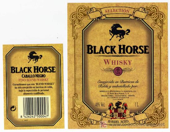 Etichette antiche: ETIQUETA WHISKY BLACK HORSE (CABALLO) - DESTILERIAS LA GADITANA - MIGUELTURRA (CIUDAD REAL)