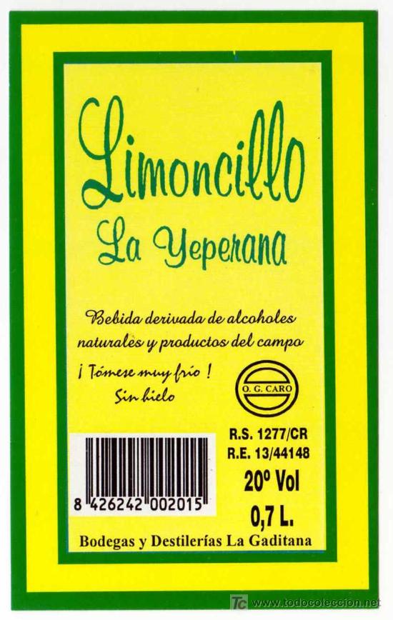 Etichette antiche: ETIQUETA LICOR LIMONCILLO LA YEPERA - DESTILERIAS LA GADITANA - MIGUELTURRA (CIUDAD REAL)