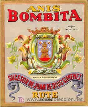 Etichette antiche: ANTIGUA ETIQUETA - ANIS BOMBITA (ESCUDO) - SUCESOR DE JUAN DE DIOS GIMENEZ - RUTE (CORDOBA)