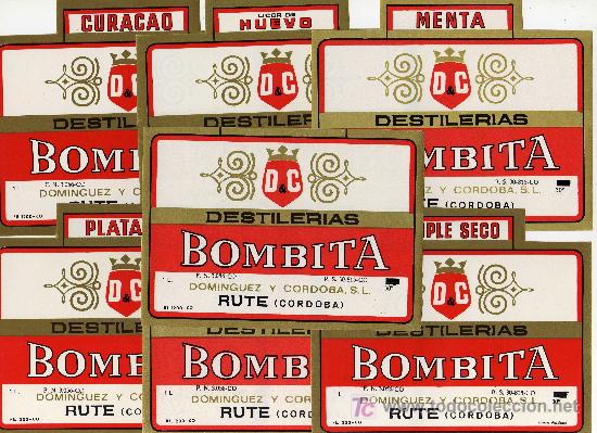 Etiquetas antiguas: ETIQUETA DE LICORES DESTILERIAS BOMBITA - DOMINGUEZ Y CORDOBA - RUTE (COROBA)