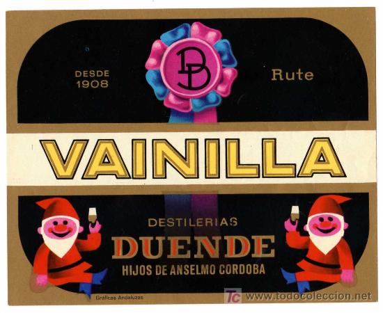 Etichette antiche: ETIQUETA LICOR VAINILLA - DESTILERIAS DUENDE - RUTE (CORDOBA)