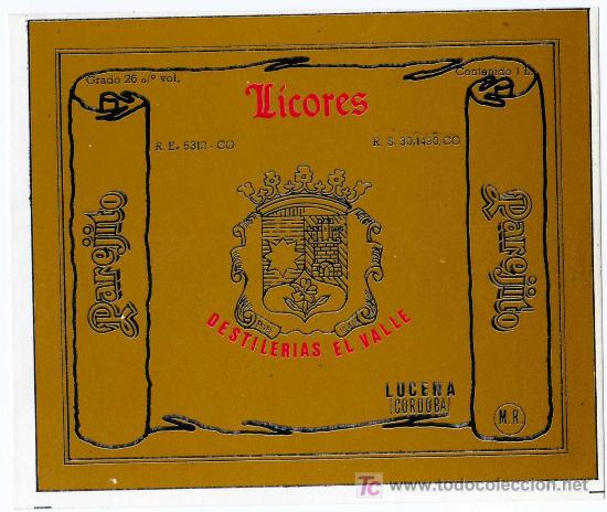 Alte Etiketten: ETIQUETA LICORES PAREJITO - DESTILERIAS EL VALLE - LUCENA (CORDOBA)