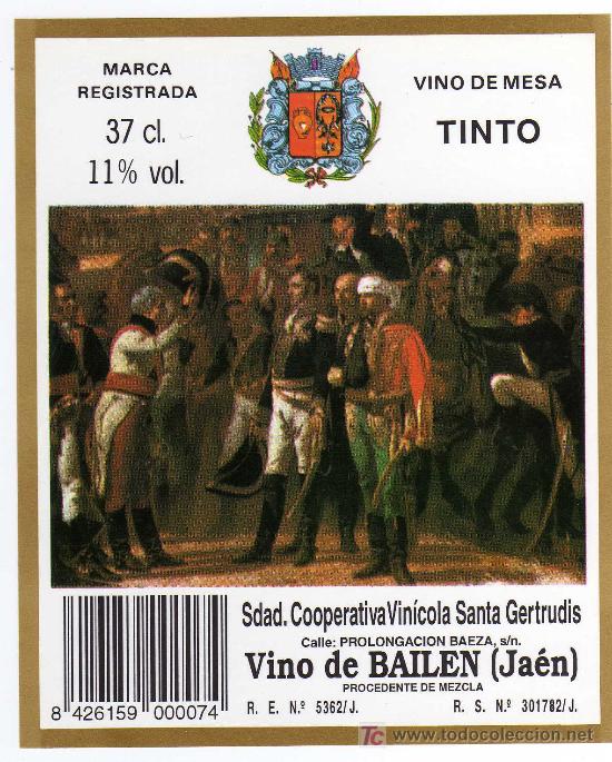 Etichette antiche: ETIQUETA VINO (LA RENDICION DE BAILEN) - COOPERATIVA SANTA GERTRUDIS - BAILEN (JAEN)