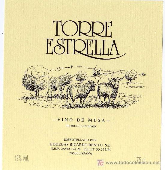 Alte Etiketten: ETIQUETA VINO TORRE ESTRELLA (TOROS) - BODEGAS RICARDO BENITO - NAVALCARNERO (MADRID)