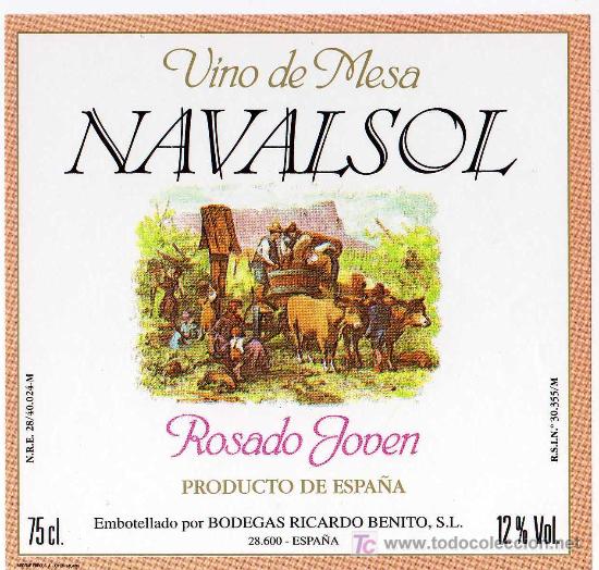 Etichette antiche: ETIQUETA VINO NAVALSOL (CARRETA DE BUEYES) - BODEGAS RICARDO BENITO - NAVALCARNERO (MADRID)