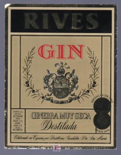 Old Labels: ETIQUETA DE GIN RIVES. DESTILERIAS GUADALETE. PUERTO DE SANTA MARIA. CADIZ.