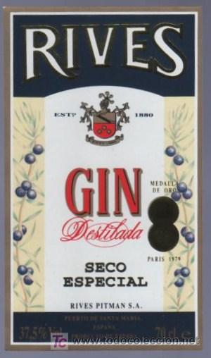 Old Labels: ETIQUETA DE GIN RIVES SECO ESPECIAL. PITMAN. PUERTO DE SANTA MARIA. CADIZ.