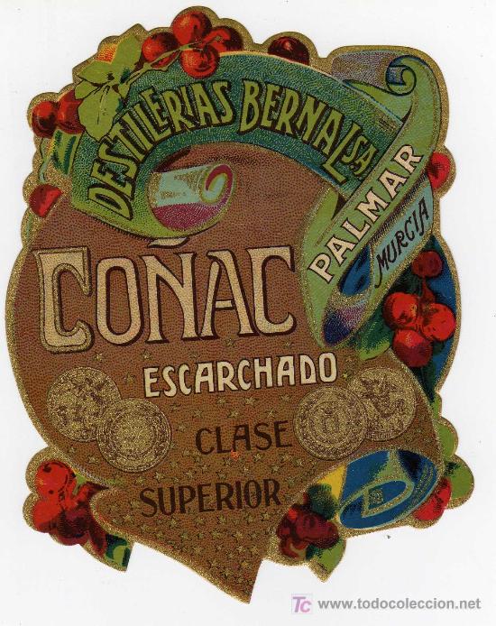 Etiquetas antiguas: ANTIGUA ETIQUETA - CO&Ntilde;AC ESCARCHADO - DESTILERIAS BERNAL - EL PALMAR (MURCIA)