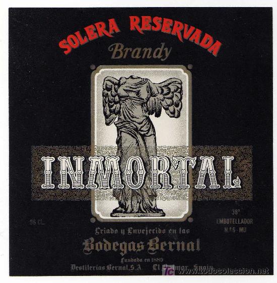 Etiquetas antiguas: ETIQUETA BRANDY INMORTAL (ESTATUA) - DESTILERIAS BERNAL - EL PALMAR (MURCIA)