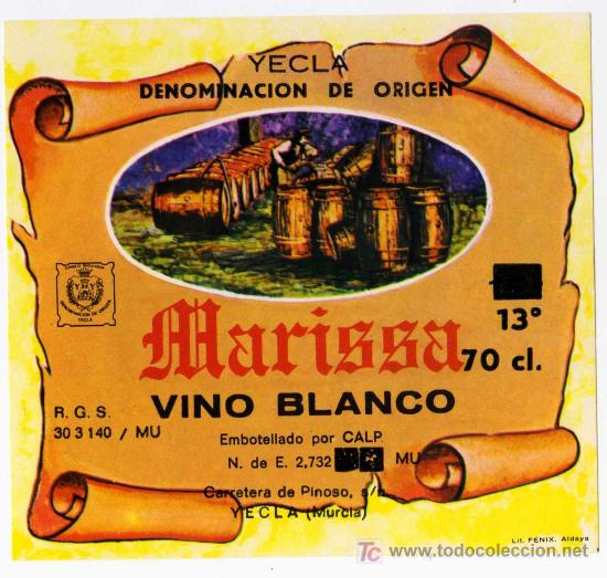 Alte Etiketten: ETIQUETA VINO BLANCO MARISSA - EMBOTELLADO POR CALP - BODEGAS LOPEZ FERNANDEZ - YECLA (MURCIA)