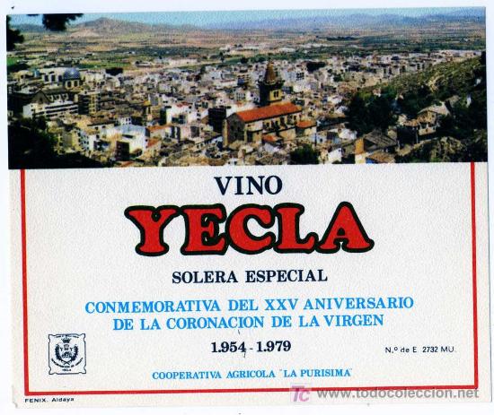 Etichette antiche: ETIQUETA VINO CONMEMORATIVA CORONACION DE LA VIRGEN - COOPERATIVA LA PURISIMA - YECLA (MURCIA)