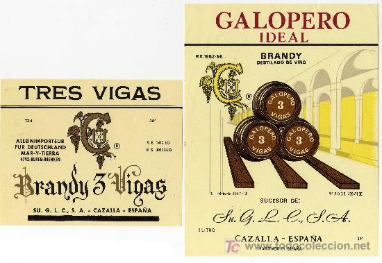 Etiquetas antiguas: ETIQUETA BRANDY GALOPERO - 3 VIGAS - SUC.GABRIEL LOPEZ-CEPERO - CAZALLA DE LA SIERRA (SEVILLA)