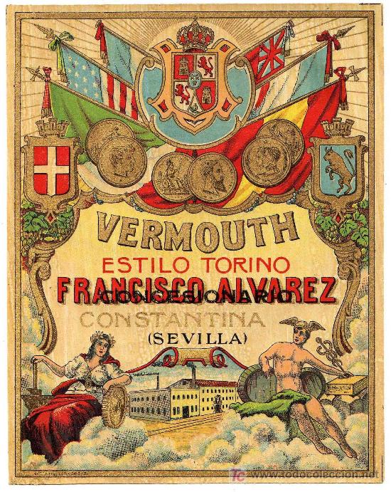 Etichette antiche: ETIQUETA VERMOUTH ESTILO TORINO - FRANCISCO ALVAREZ - CONSTANTINA (SEVILLA)